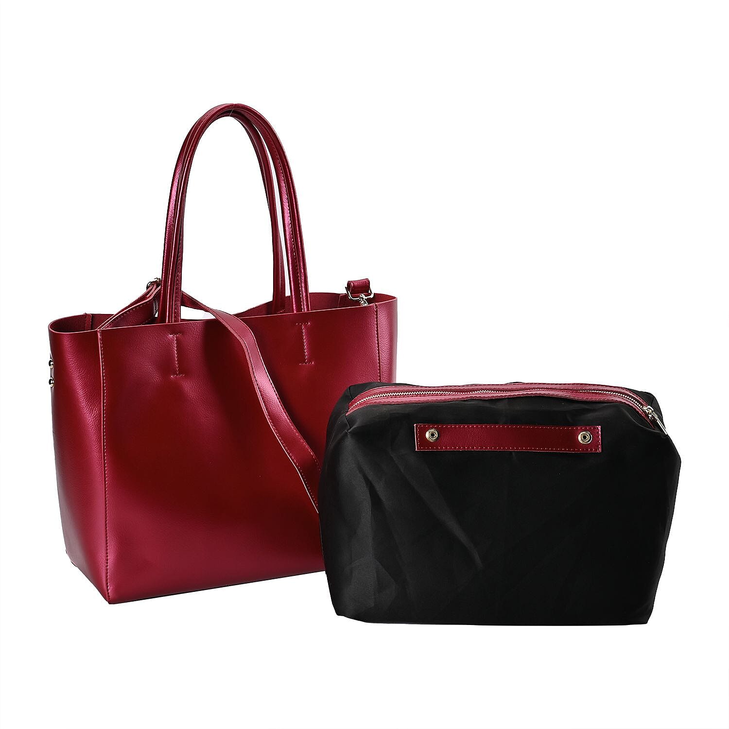 Hong Kong Closeout Genuine Leather Tote Bag with Detachable Zipped Lining - Metallic Red