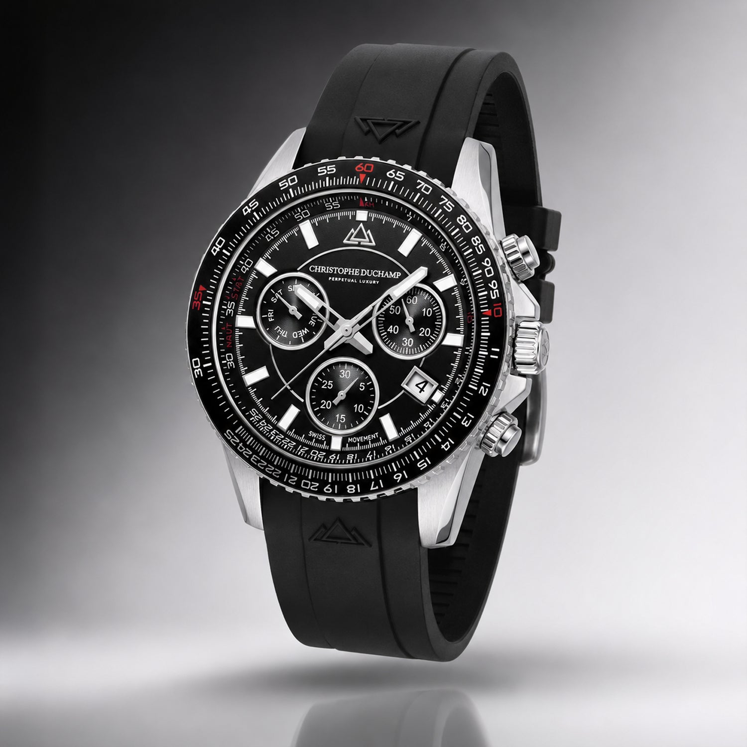 Christophe Duchamp Velocite V2 Swiss Z60 Chronograph 10ATM Mens Watch with Black Dial and