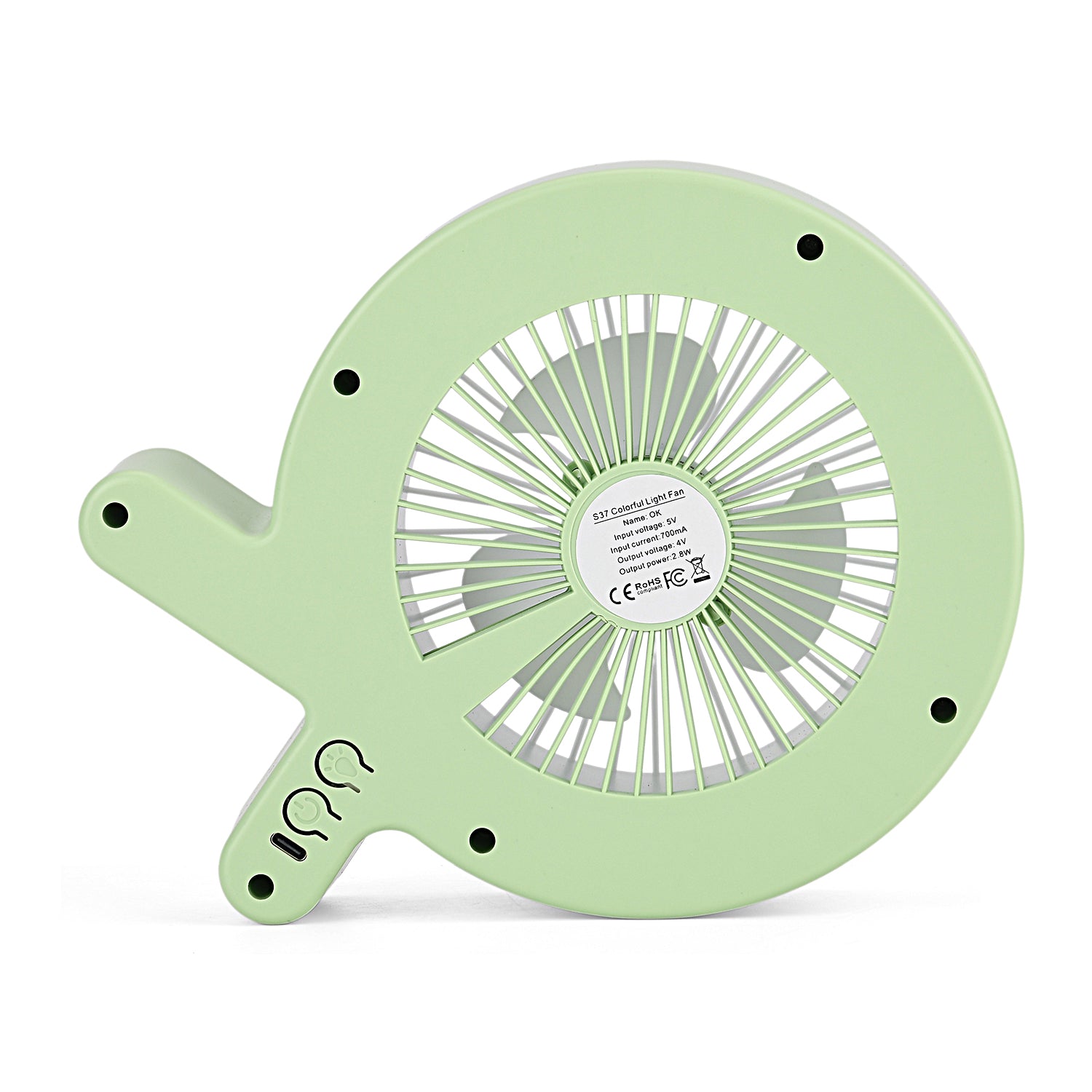 Rainbow Rechargeable Portable Desk Fan – 1200mAh USB Fan with LED Light (17 x 21cm, Green