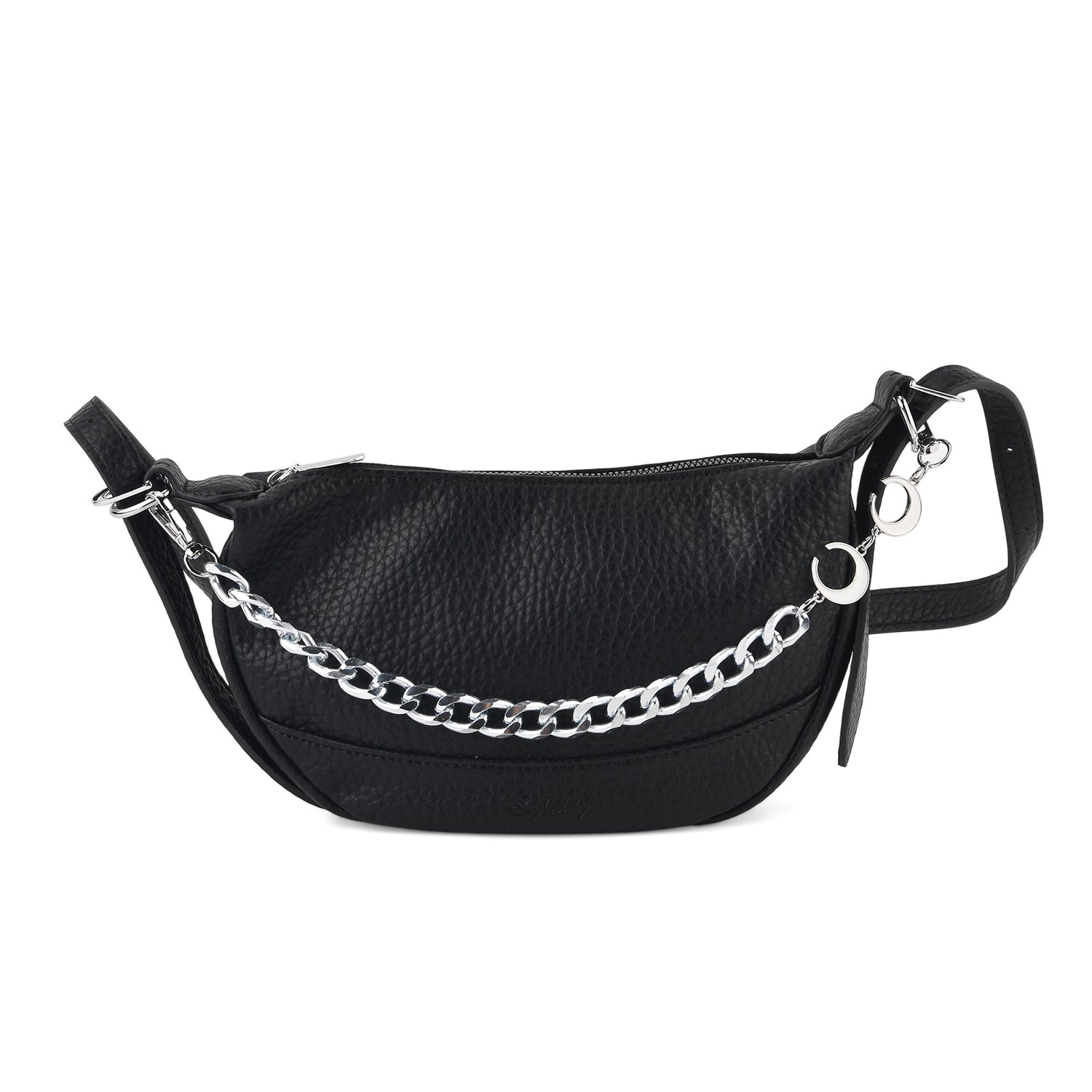 Styled By Sling Bag with Adjustable Strap - Silver Chain Detail - Black