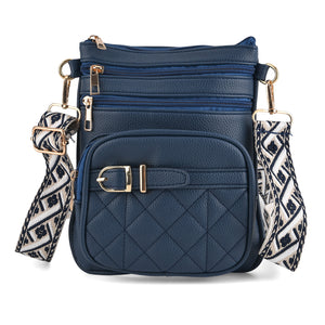 BRAND NEW LAUNCH - Multi-Zip Crossbody Messenger Bag with Quilted Front Pocket, Gold-Tone Hardware - Detachable Patterned Guitar Strap - Navy