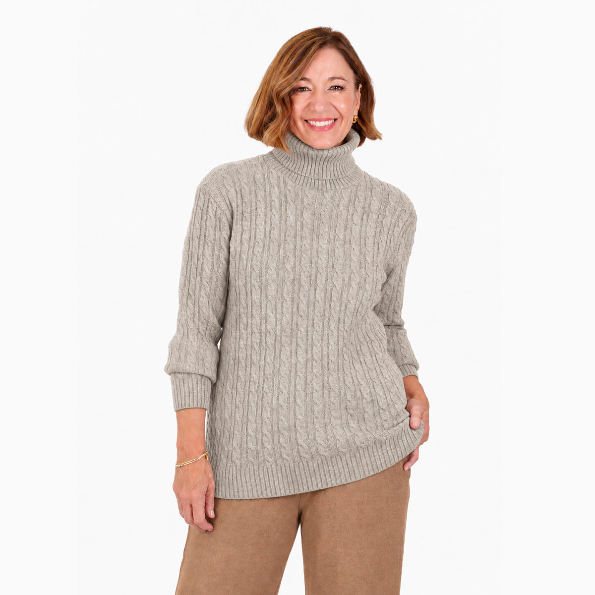Women’s Cable Knit Roll Neck Jumper with Long Sleeves & Ribbed Trims
