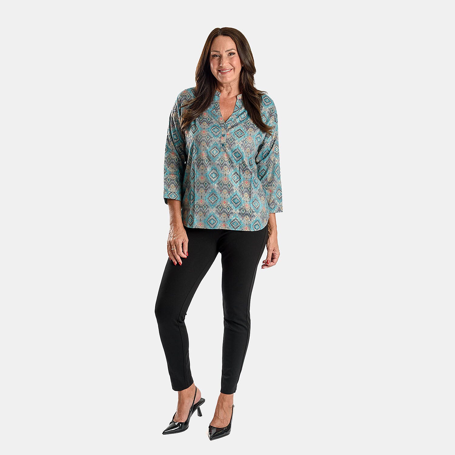 Adonai - Womens Viscose Ikat Print Woven Blouse (Size XXL) - Blue