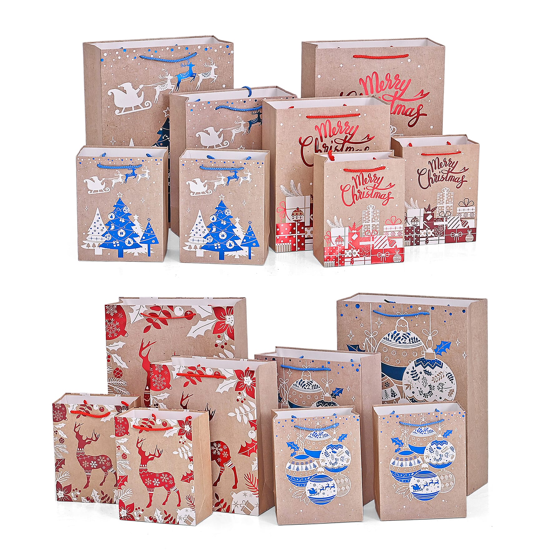 Set of 16 Santa and Reindeer Christmas Paper Gift Bags in 3 Sizes with Rope Handles
