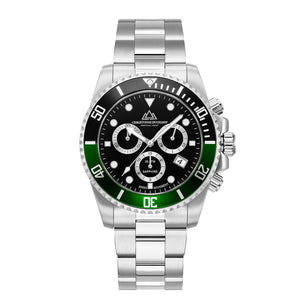 Christophe Duchamp Marine Chrono Swiss Movt. Green - Black Bezel 20 ATM WR Watch with Stainless Steel Chain Strap