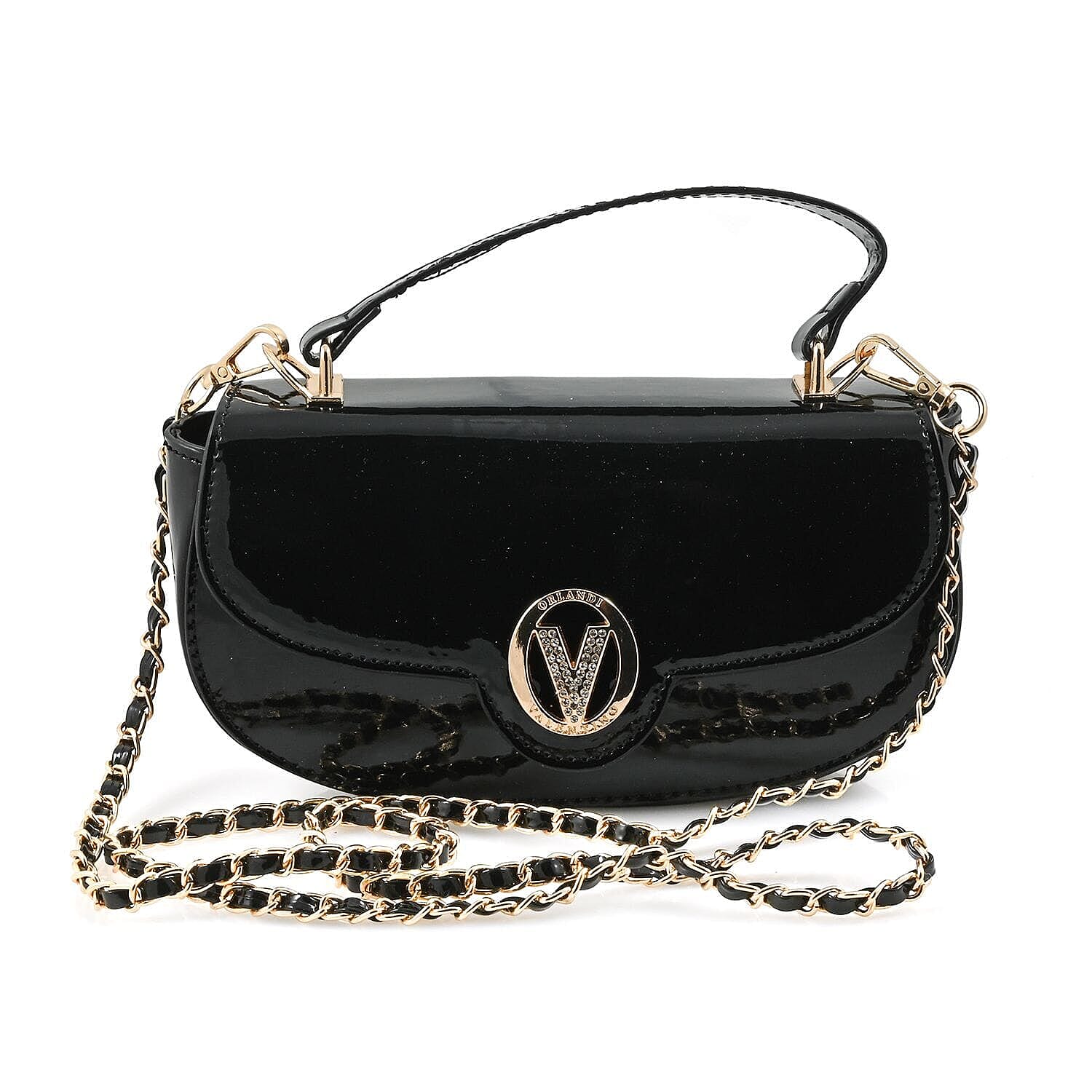 Heart and Soul Valentino Orlandi Glamorous Black Patent East-West Crossbody Bag with Gold