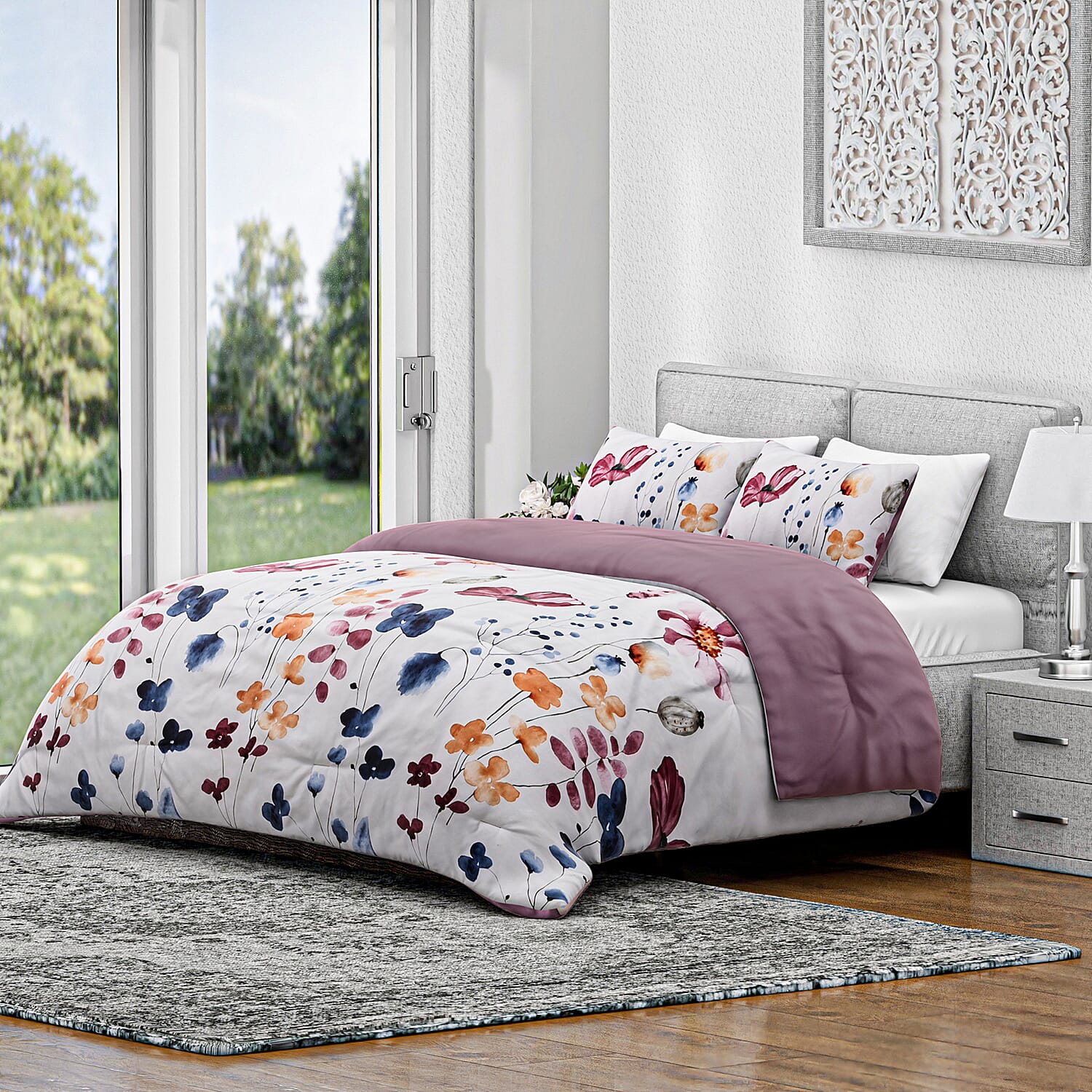 Hush Haven- Set of 3 Flower Printed Comforter Set (Size Double) - Pink