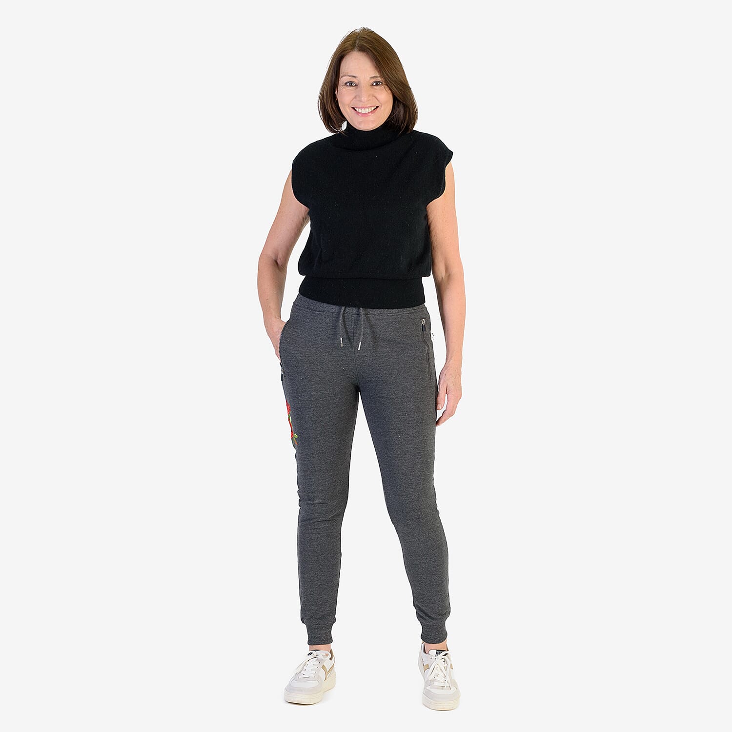 Ladies Flower Embroidered Cuffed Trousers (Size M) - Grey