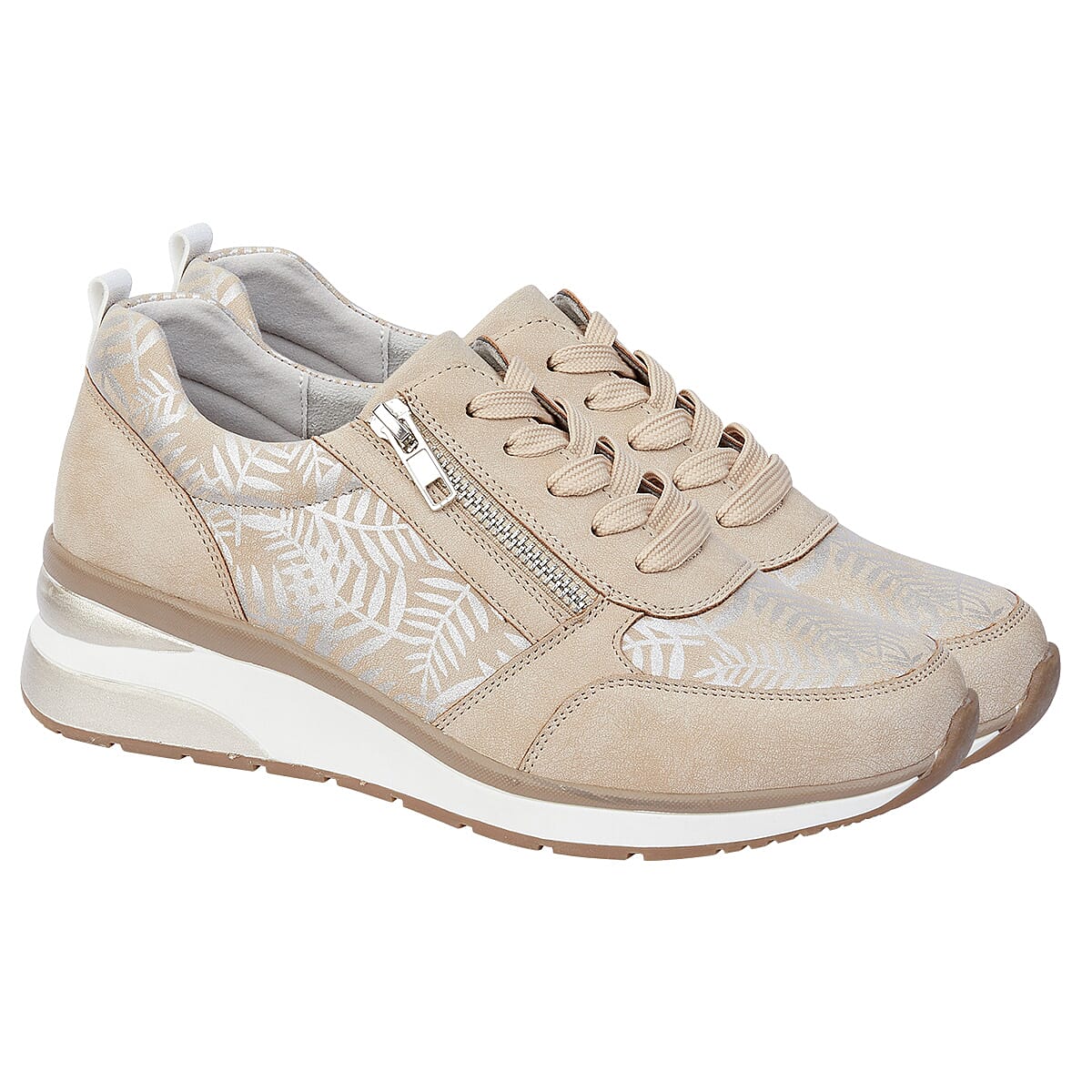 Lace Up Zip Fastening TROPICAL Ladies Shoes - Beige