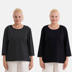 - Maisi Set Of 2 Quarter-Sleeve Cotton Tops (Size S, Fit 8 To 10) - Black - Striped