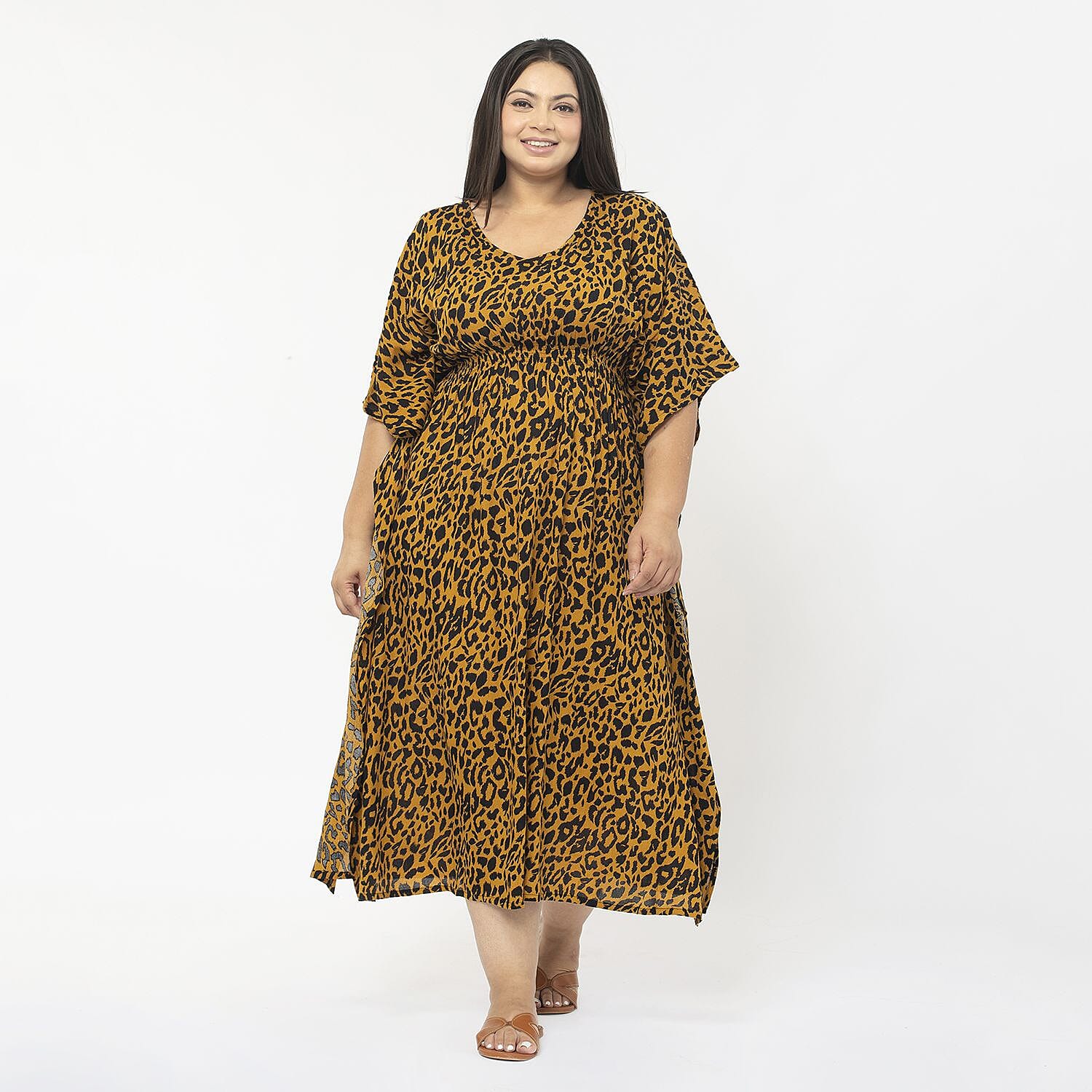 Tamsy 100% Viscose Smocked Waist Midi Dress (One Size) - Brown
