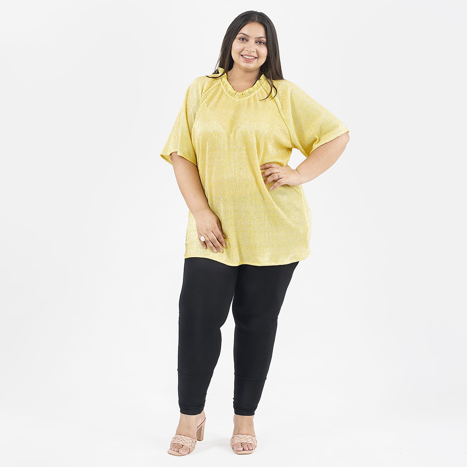 Tamsy Knit Foil Printed Pleated Tunic (One Size Curve) - Golden