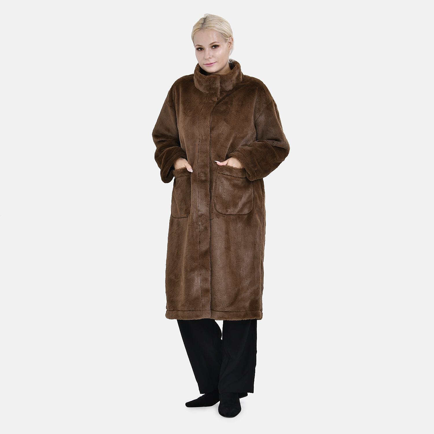 Faux Fur Collared Relaxed Longline Coat - Brown