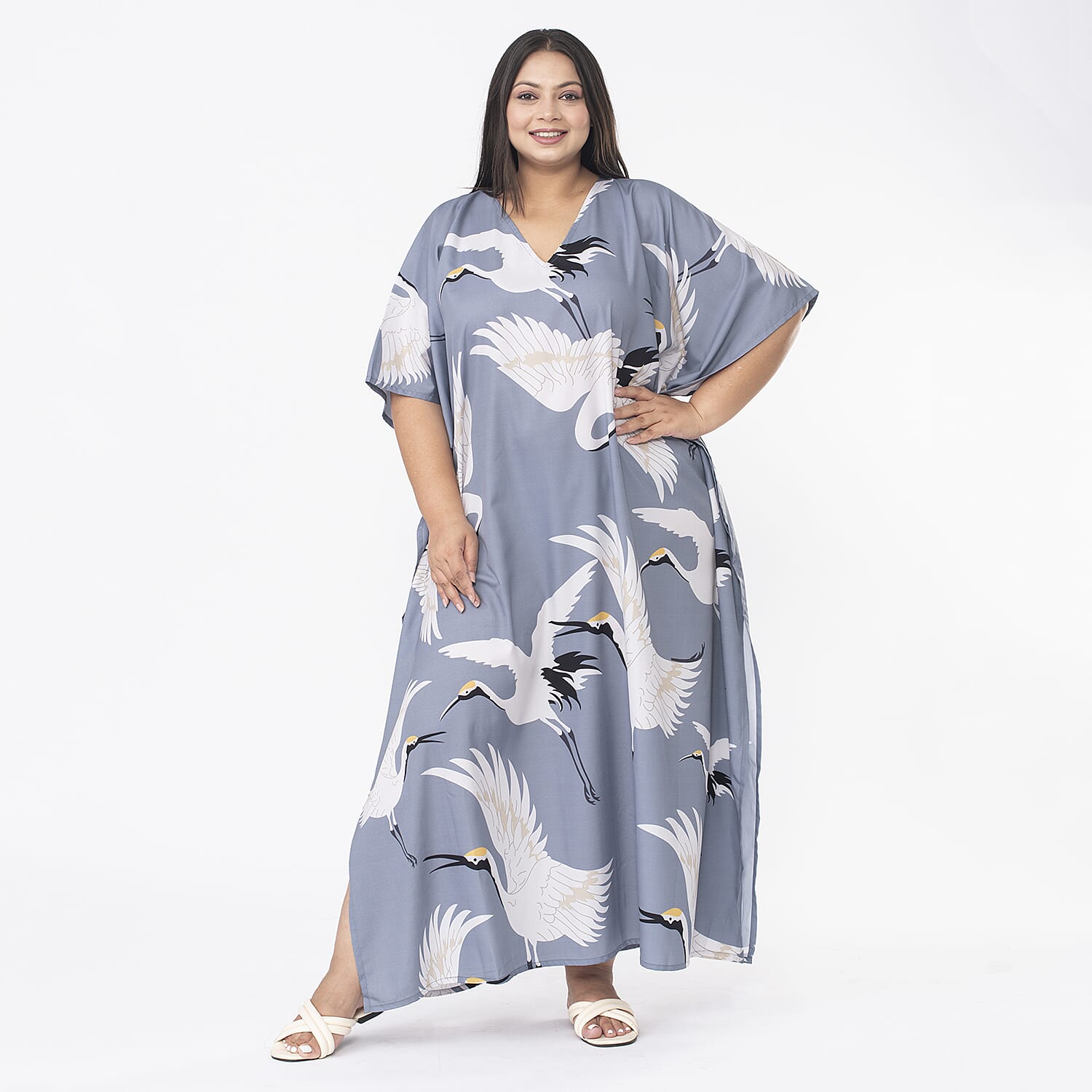 TAMSY Crane Printed Long Kaftan (One Size Curve