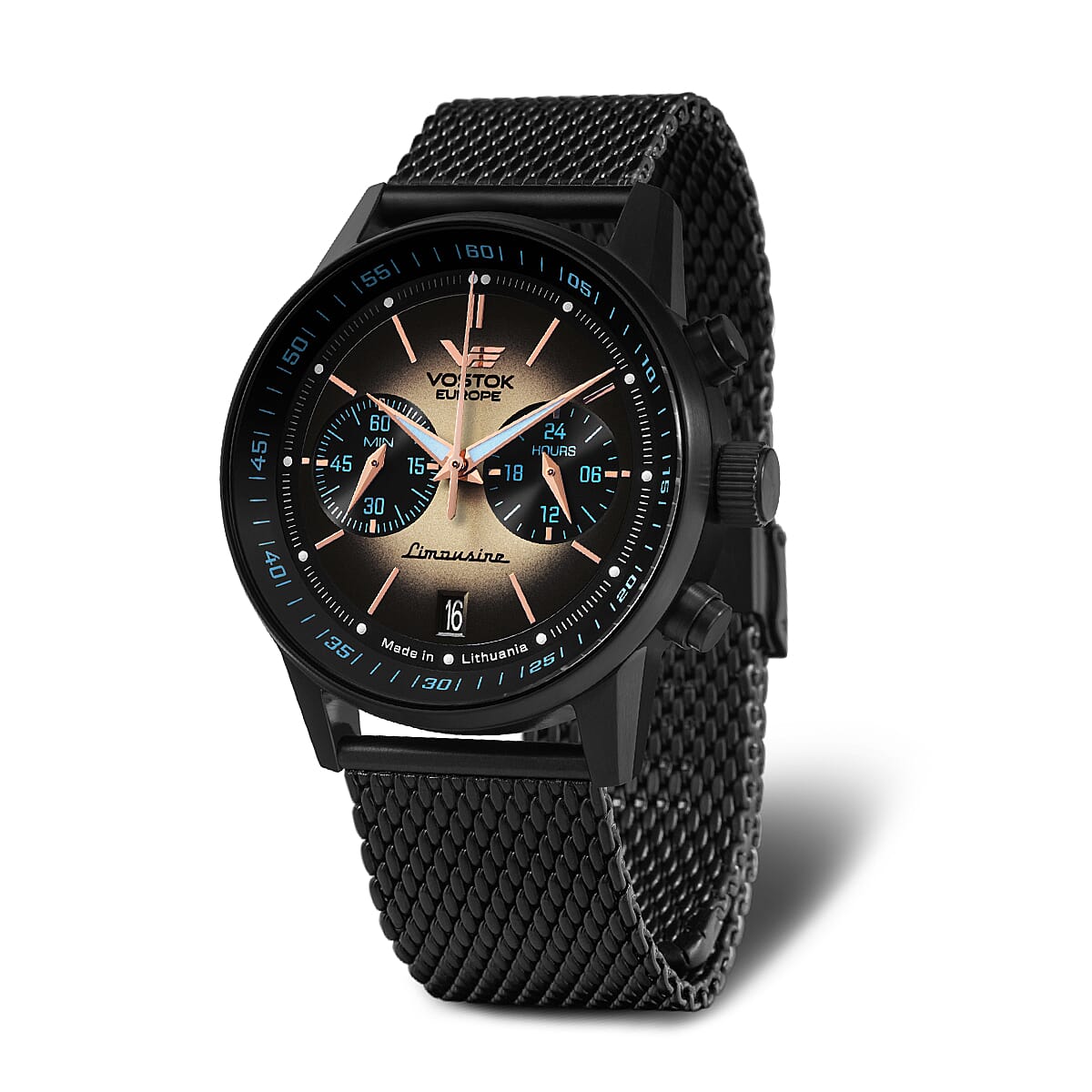 VOSTOK EUROPE Limousine Quartz Movt. 5ATM WR Black Dial Mens Watch with Stainless Steel
