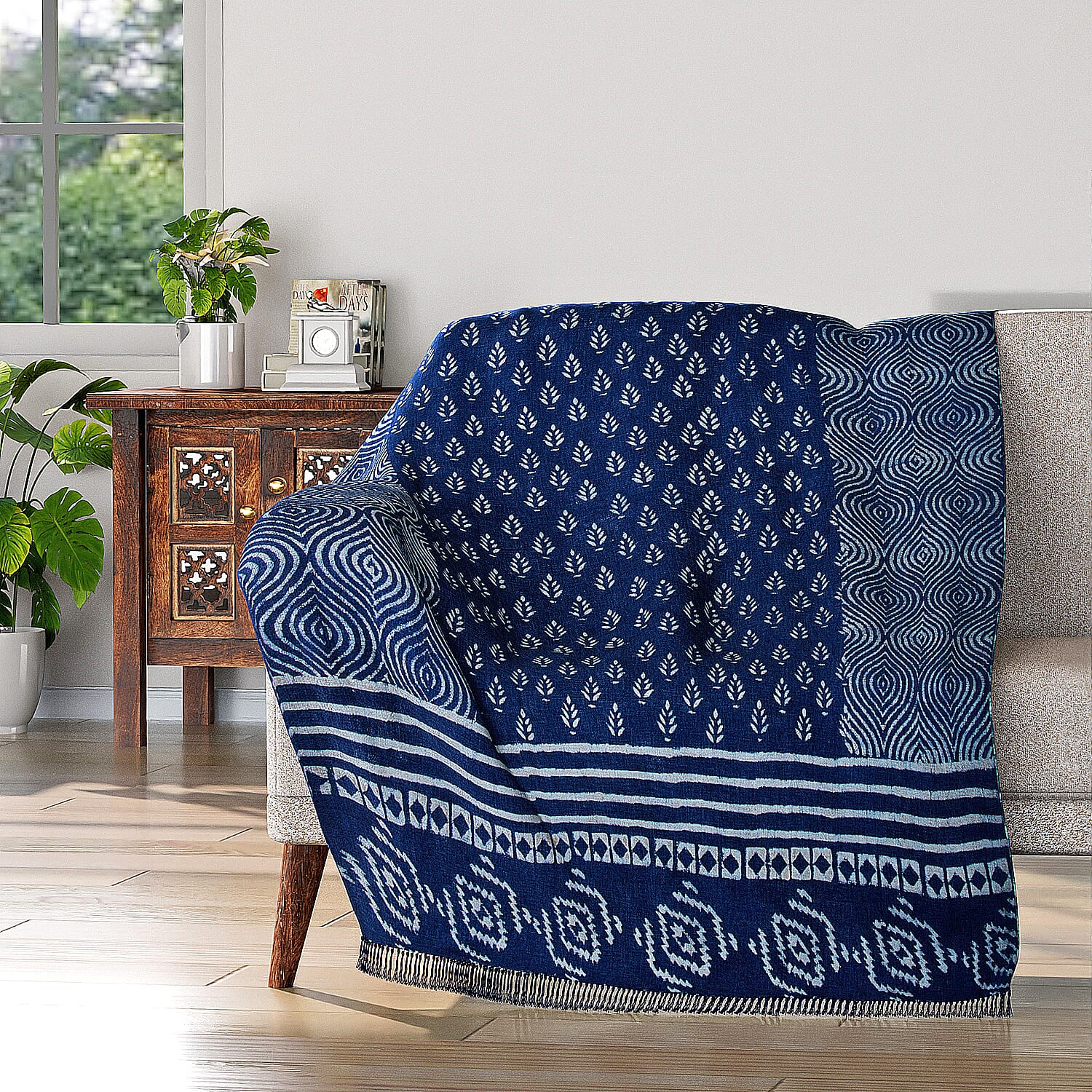 100 % Cotton Woven Dabu Printed Throw with Tassels (Size 180x130 cm) - Blue and White