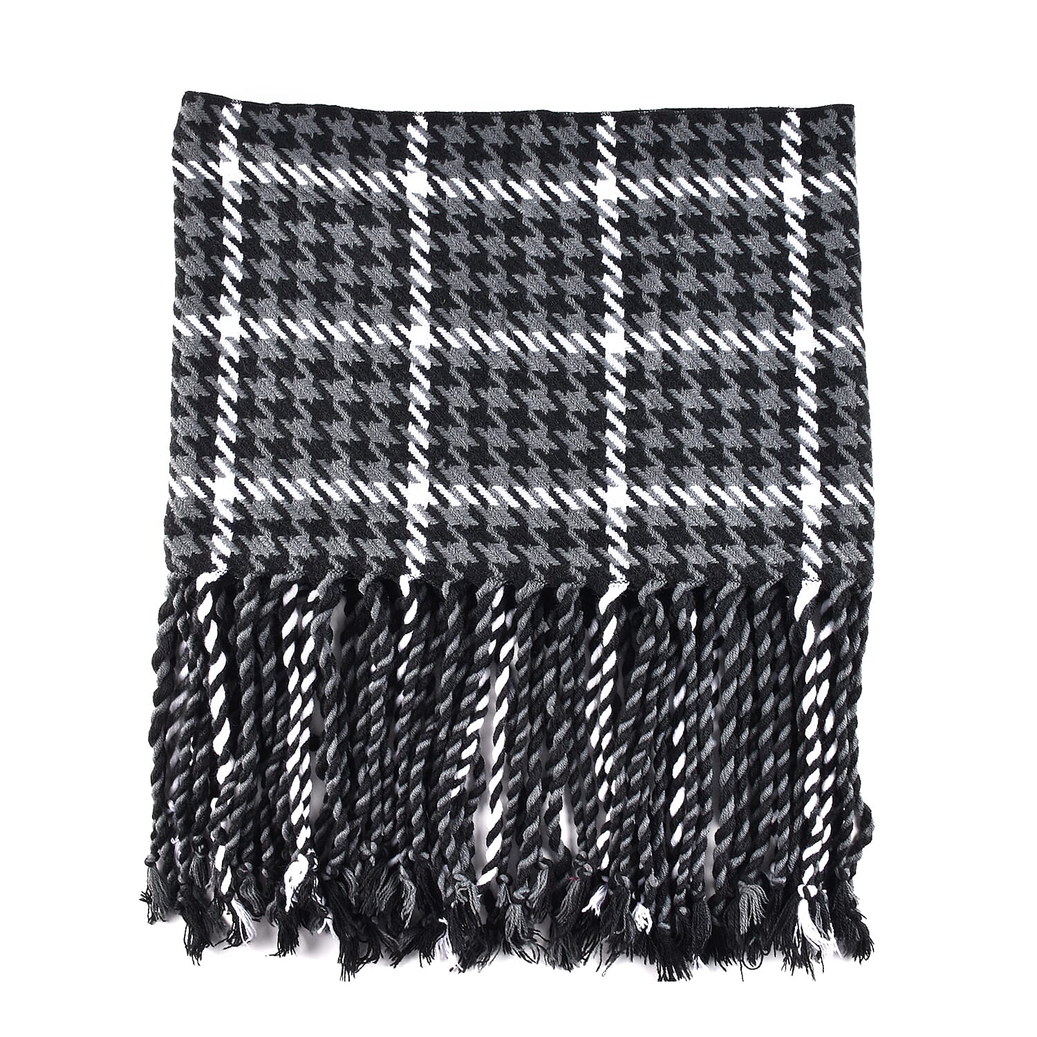 100% Acrylic Houndstooth Pattern Scarf with Tassel (Size 162x27Cm) - Black