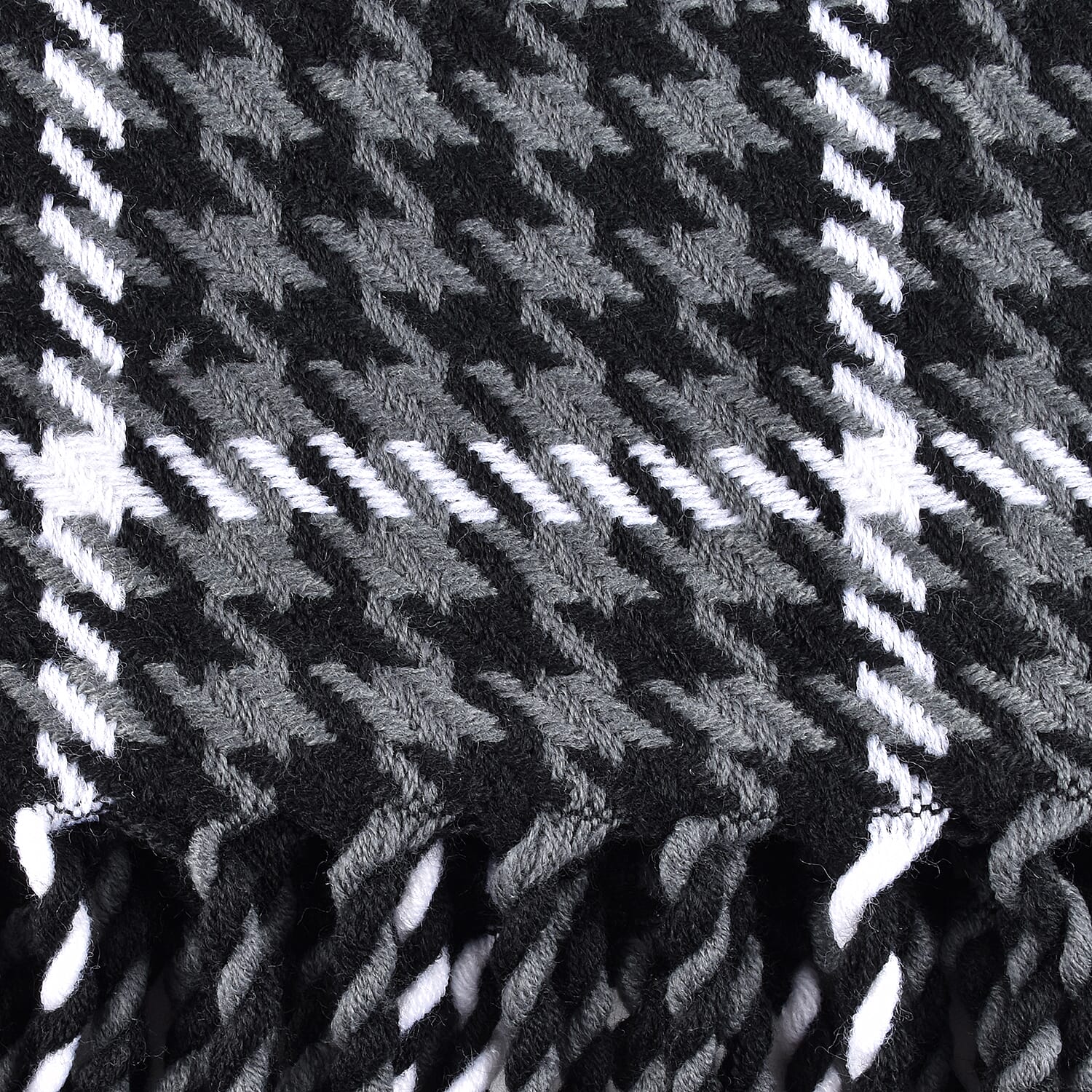 100% Acrylic Houndstooth Pattern Scarf with Tassel (Size 162x27Cm) - Black