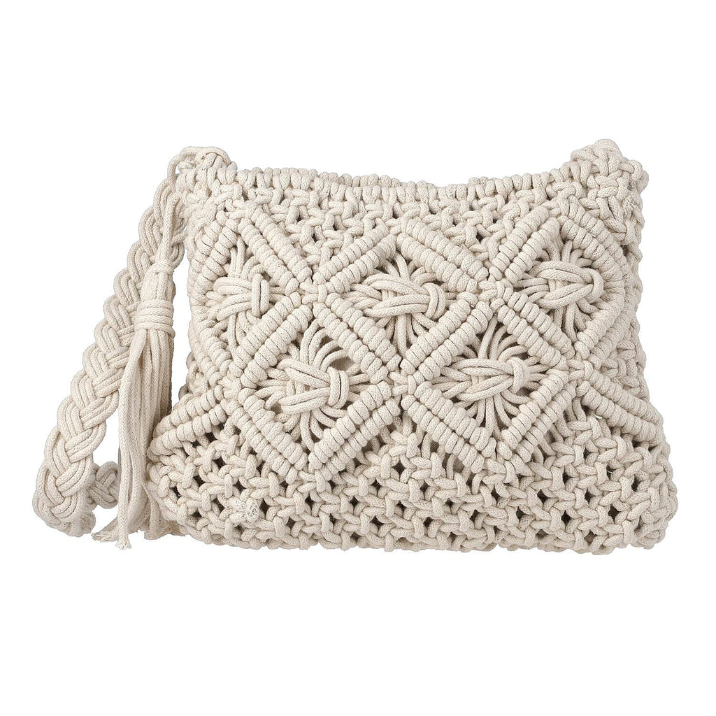 100% Cotton Crossbody Macrame Bag with Long Handle - White