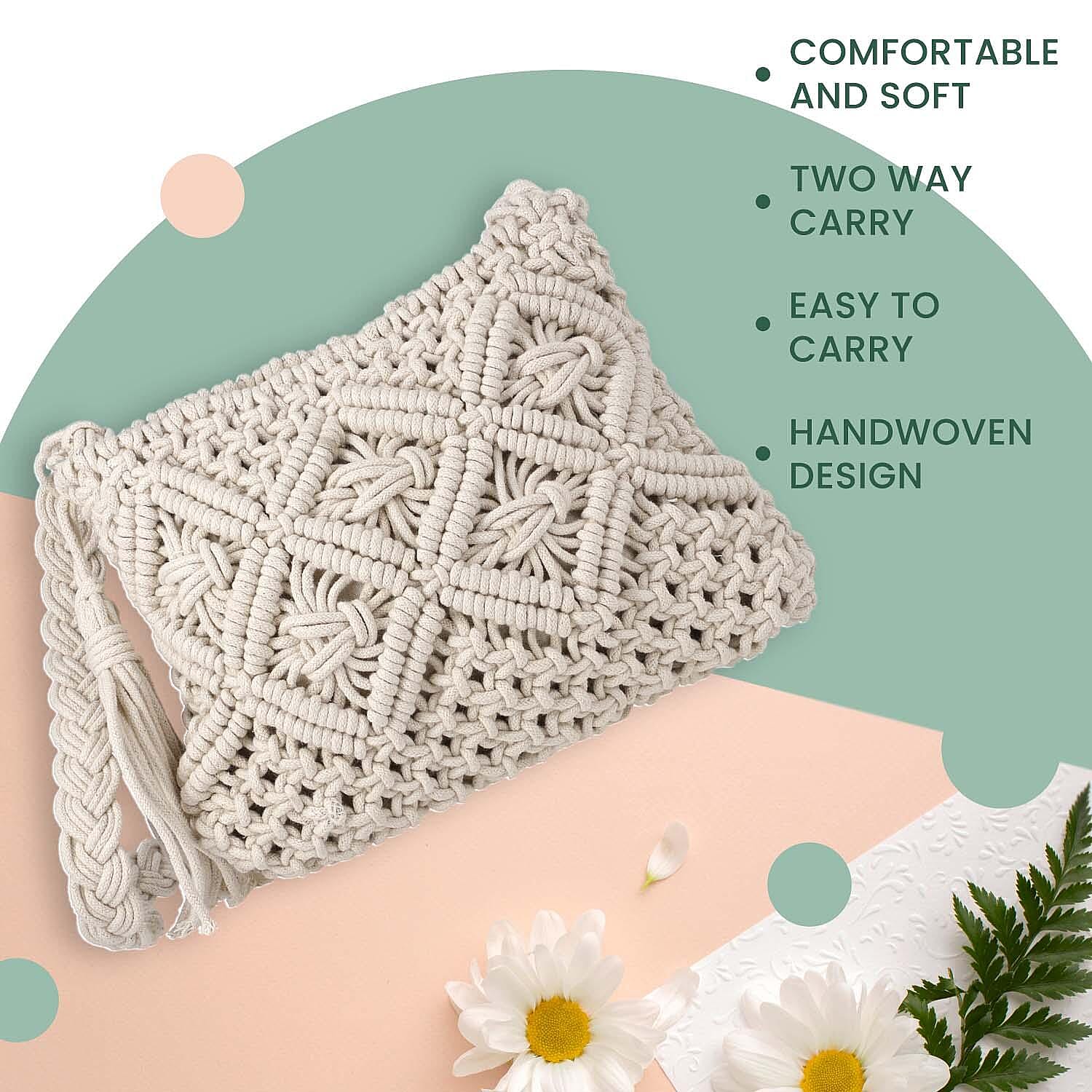 100% Cotton Crossbody Macrame Bag with Long Handle - White