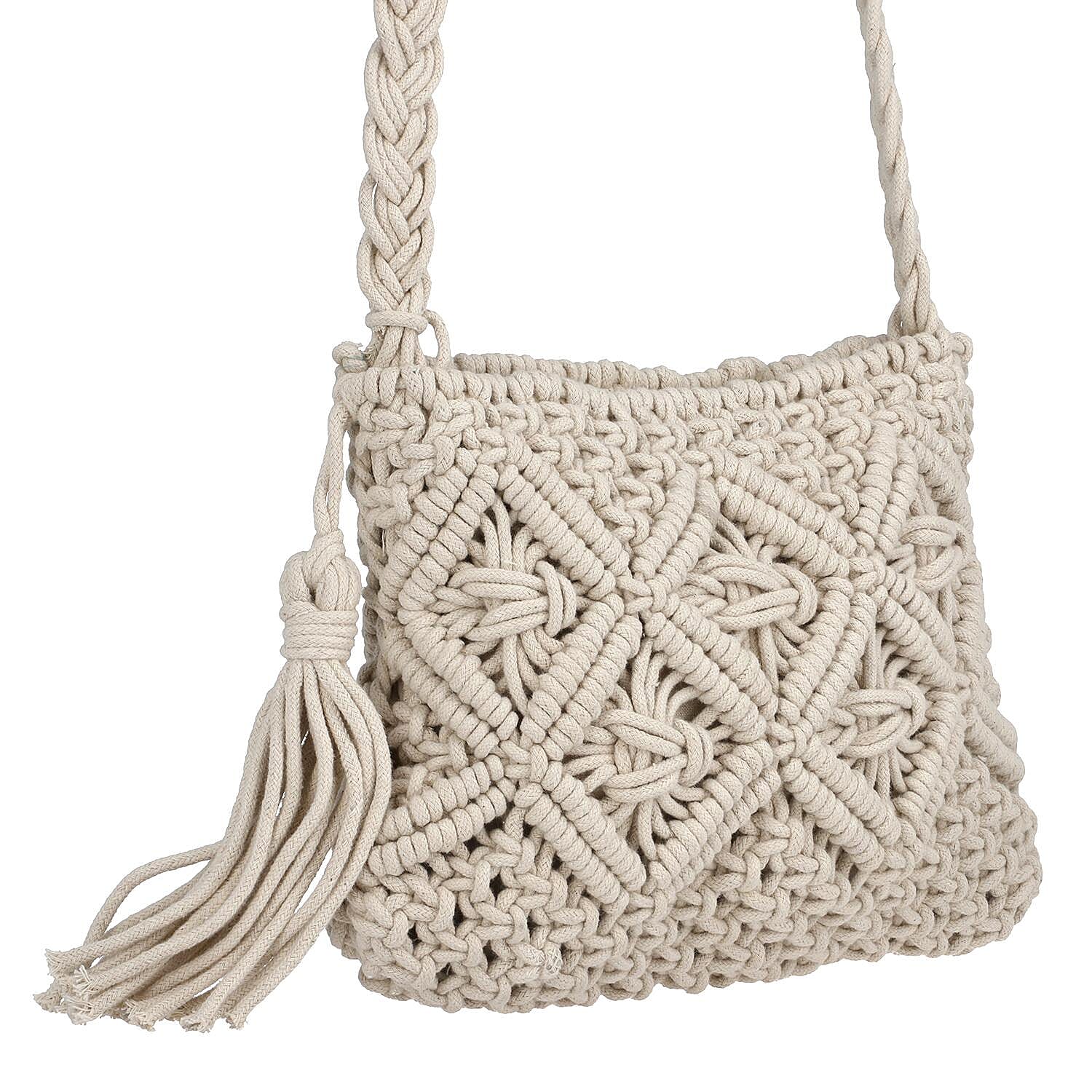 100% Cotton Crossbody Macrame Bag with Long Handle - White