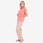 100% Cotton Ladies Flower Print T Shirt & Pants PJ Set (Size - XL) - Peach
