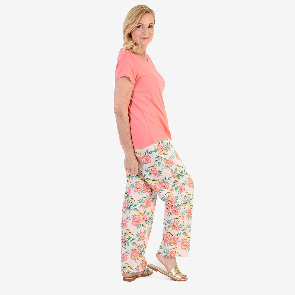 100% Cotton Ladies Flower Print T Shirt & Pants PJ Set (Size - XL) - Peach