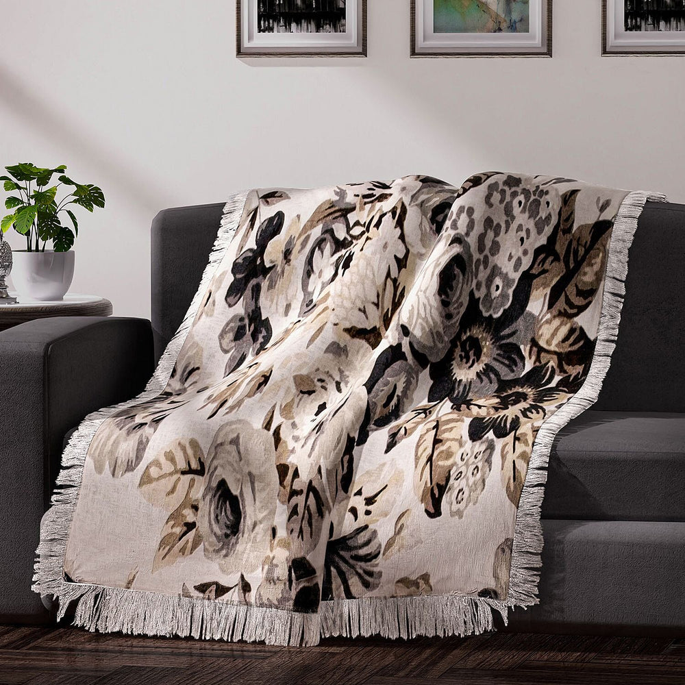 100% Cotton Slub Digital Printed Throw Blanket with Frill (Size 180x130 Cm) - Ivory & Black