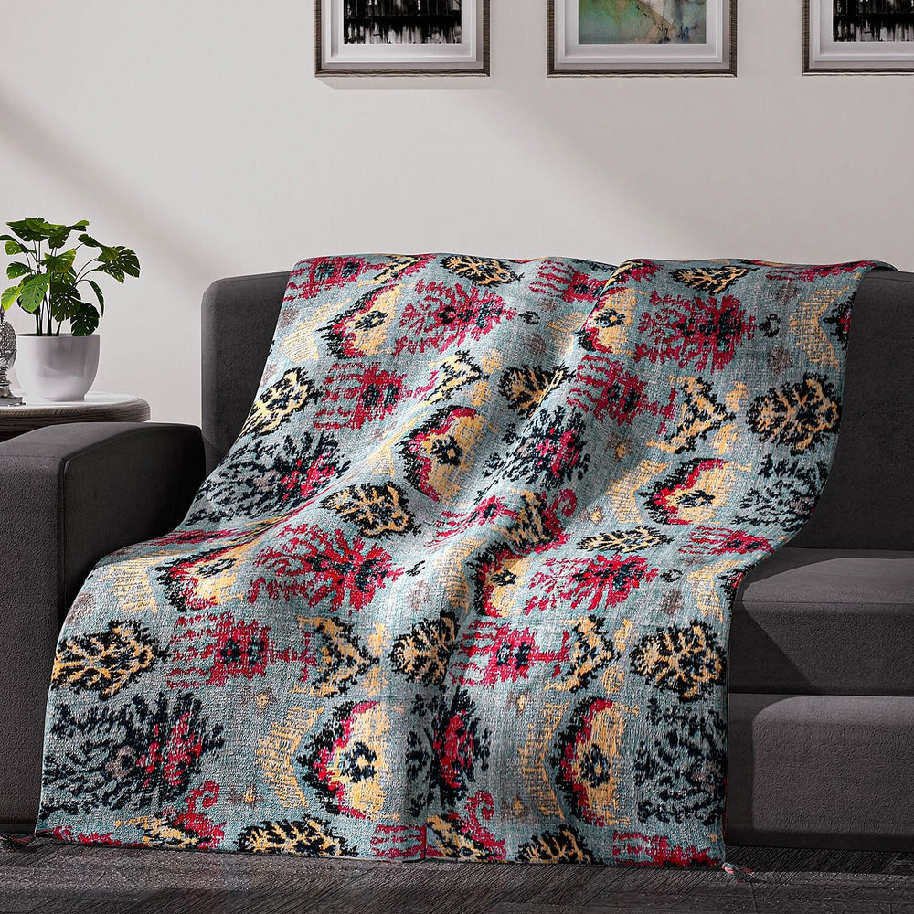 Cotton Slub Digital Printed Throw Blanket with Tassels (Size 180x130 cm) - Grey