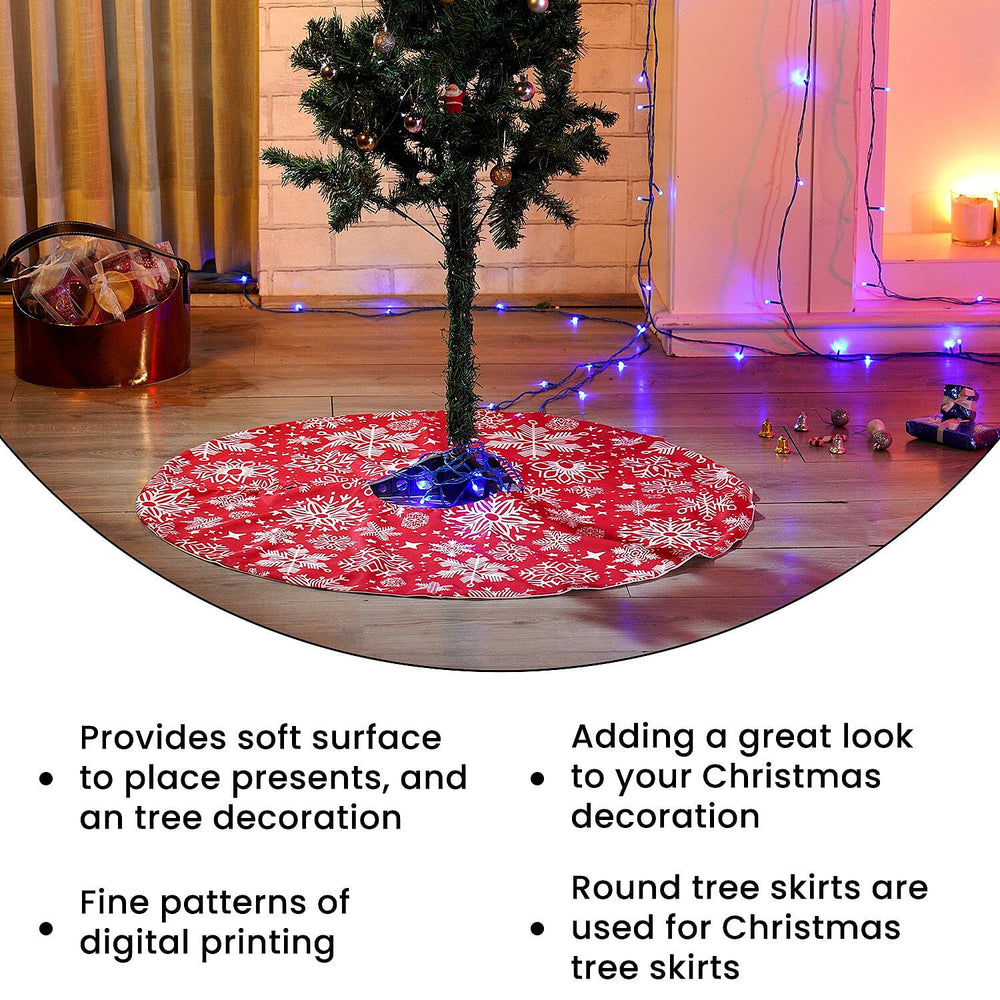100% Cotton Snowflake Print Christmas Tree Skirt (Size 89Dia Cm) - Red