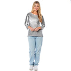 100% Cotton Thin Stripe 3-4 Sleeve Casual Top (Size 12) - Blue