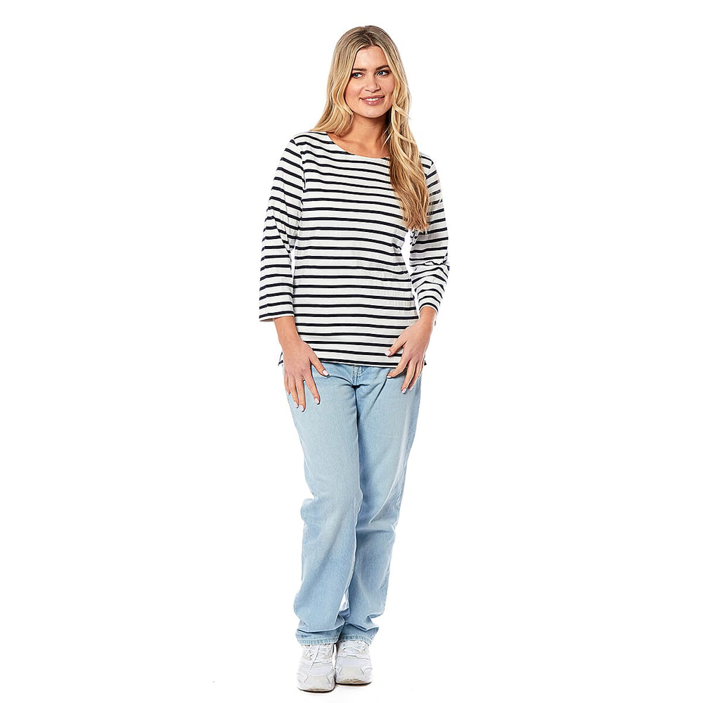 100% Cotton Thin Stripe 3-4 Sleeve Casual Top (Size 12) - Blue