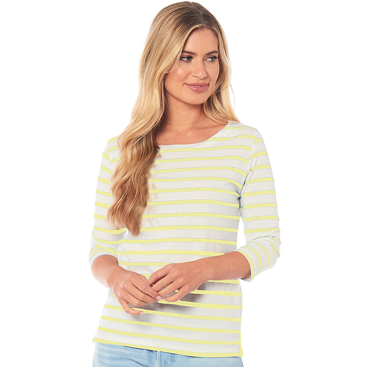 100% Cotton Thin Stripe 3-4 Sleeve Casual Top (Size 12) - Green