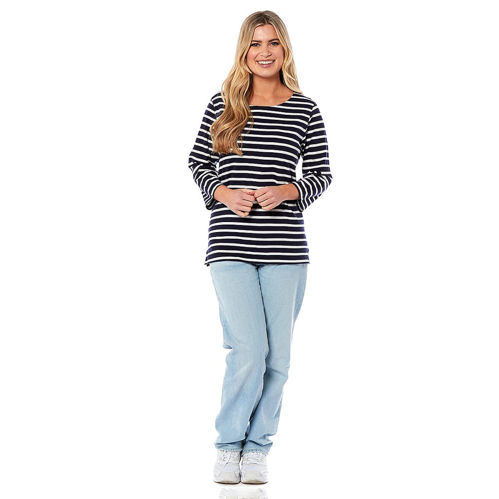 100% Cotton Thin Stripe 3-4 Sleeve Casual Top (Size 12) - Navy