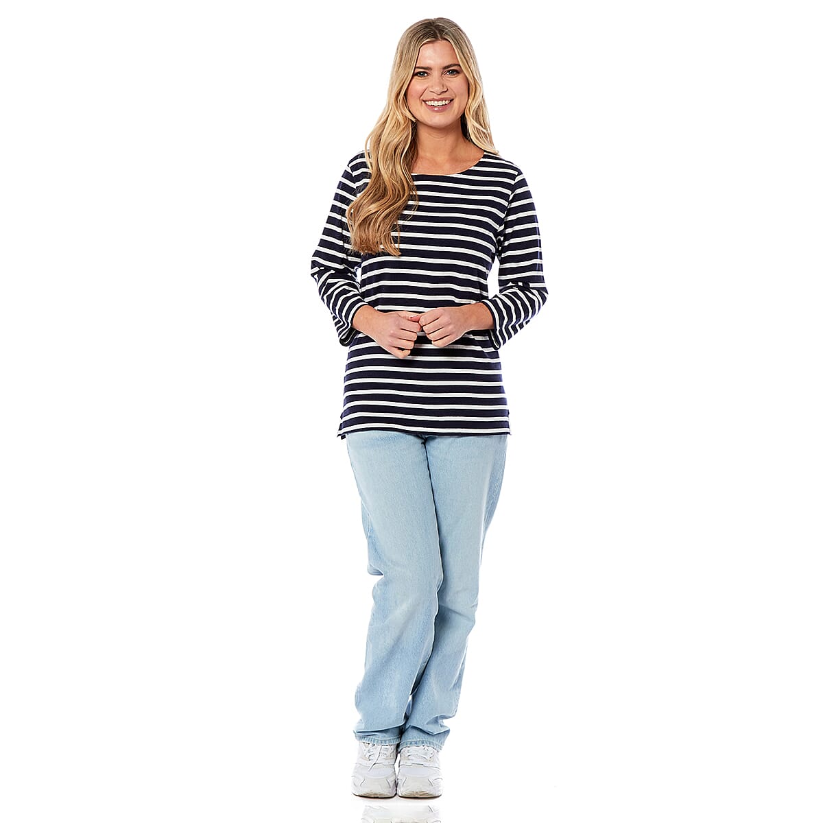 100% Cotton Thin Stripe 3-4 Sleeve Casual Top (Size 12) - Navy
