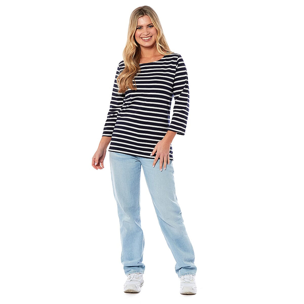 100% Cotton Thin Stripe 3-4 Sleeve Casual Top (Size 12) - Navy