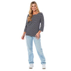 100% Cotton Thin Stripe 3-4 Sleeve Casual Top (Size 12) - Navy