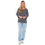 100% Cotton Thin Stripe 3-4 Sleeve Casual Top (Size 12) - Navy