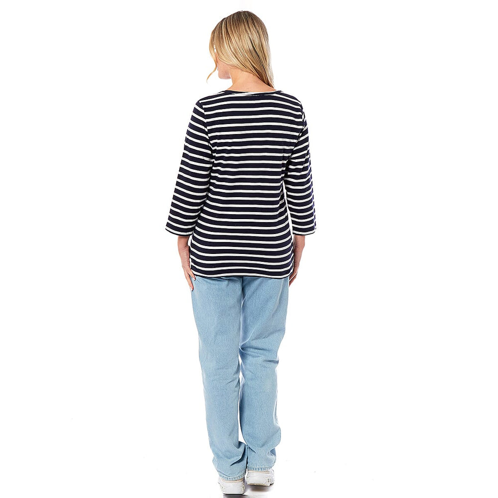 100% Cotton Thin Stripe 3-4 Sleeve Casual Top (Size 12) - Navy
