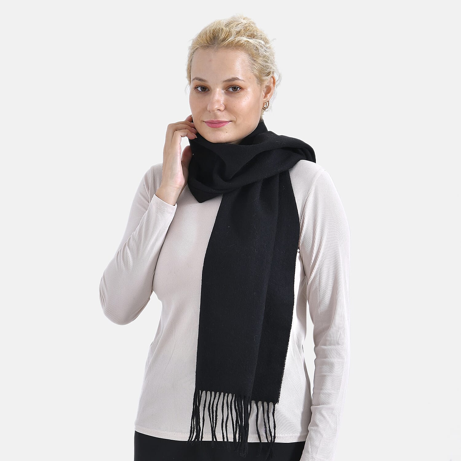 100% Wool Solid Warm Scarf (Size 160x30 cm) - Black