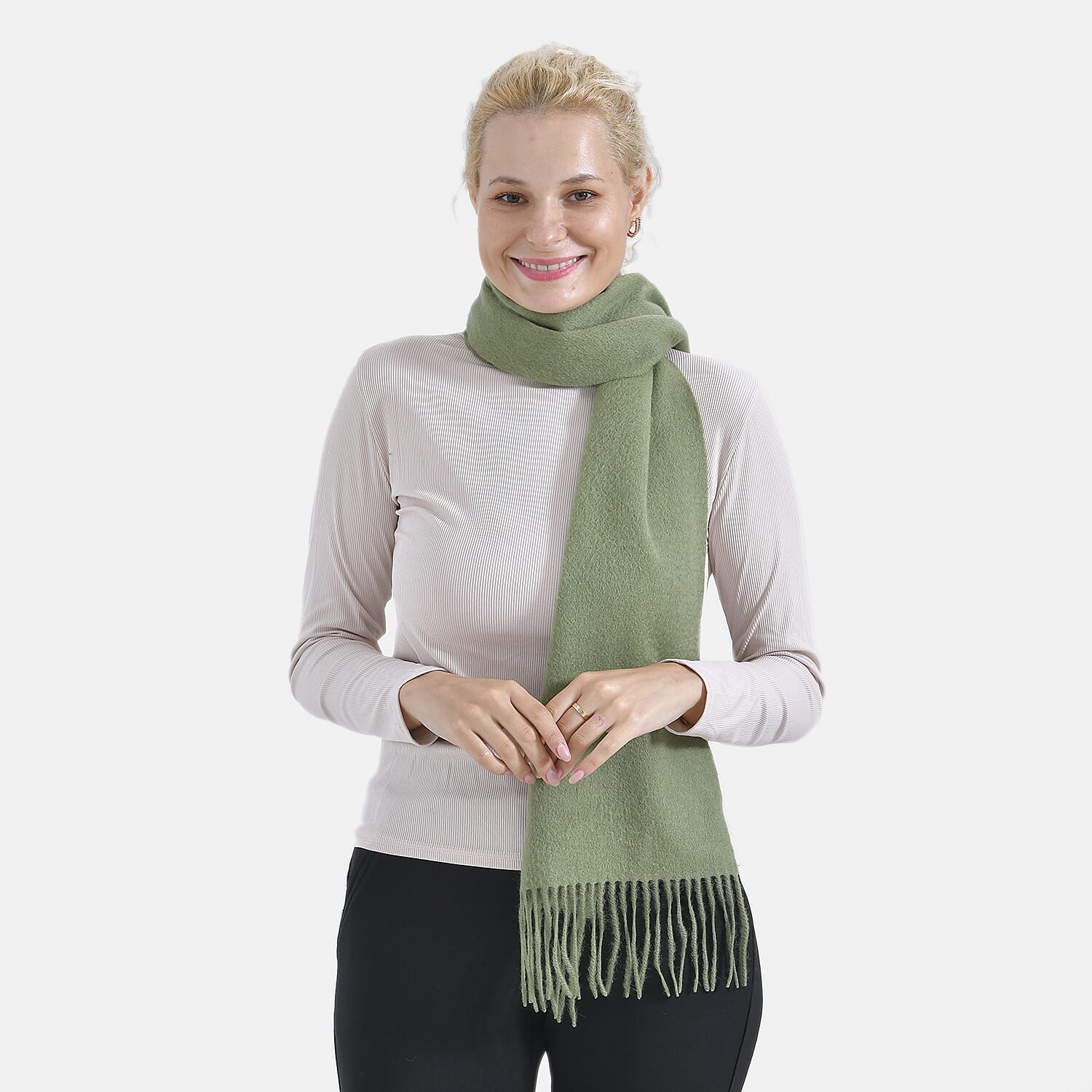 100% Wool Solid Warm Scarf (Size 160x30 cm) - Green