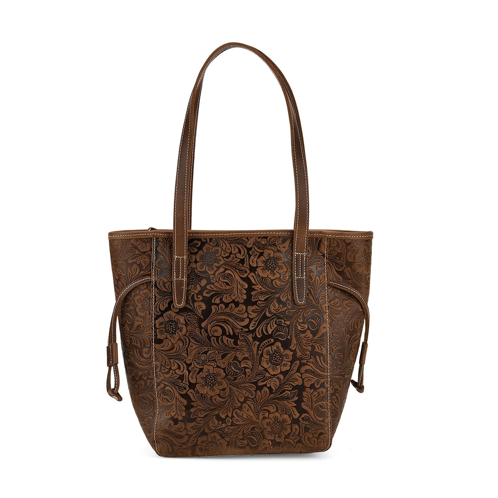 100% Genuine Leather Floral Embossed Tote Bag - Brown