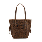 100% Genuine Leather Floral Embossed Tote Bag - Brown