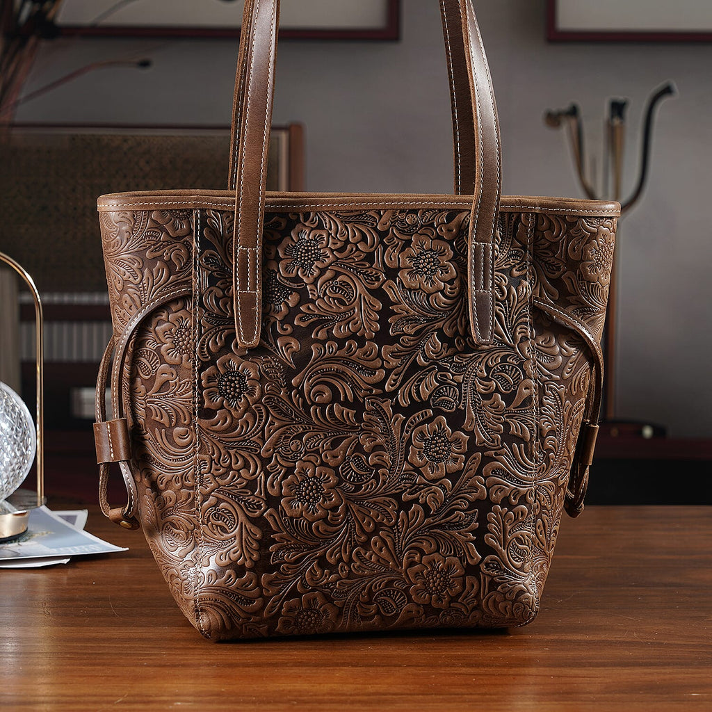 100% Genuine Leather Floral Embossed Tote Bag - Brown