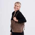 100% Genuine Leather Floral Embossed Tote Bag - Brown