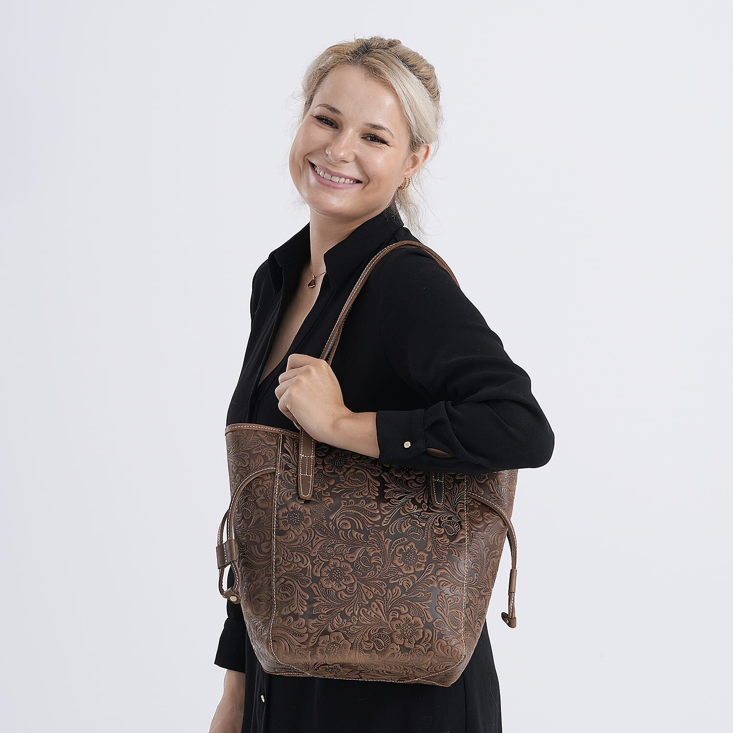 100% Genuine Leather Floral Embossed Tote Bag - Brown