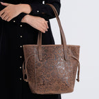 100% Genuine Leather Floral Embossed Tote Bag - Brown
