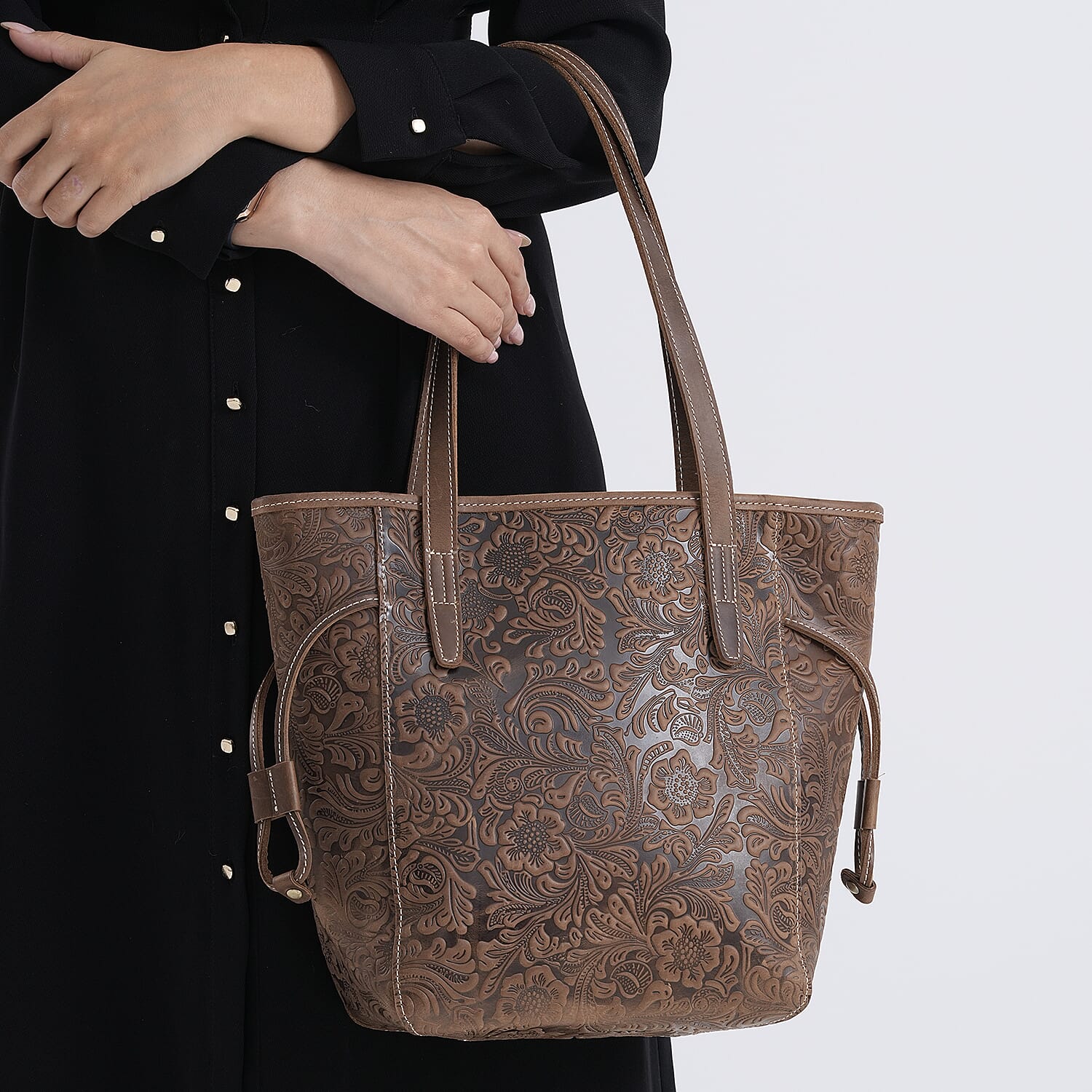 100% Genuine Leather Floral Embossed Tote Bag - Brown