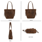 100% Genuine Leather Floral Embossed Tote Bag - Brown