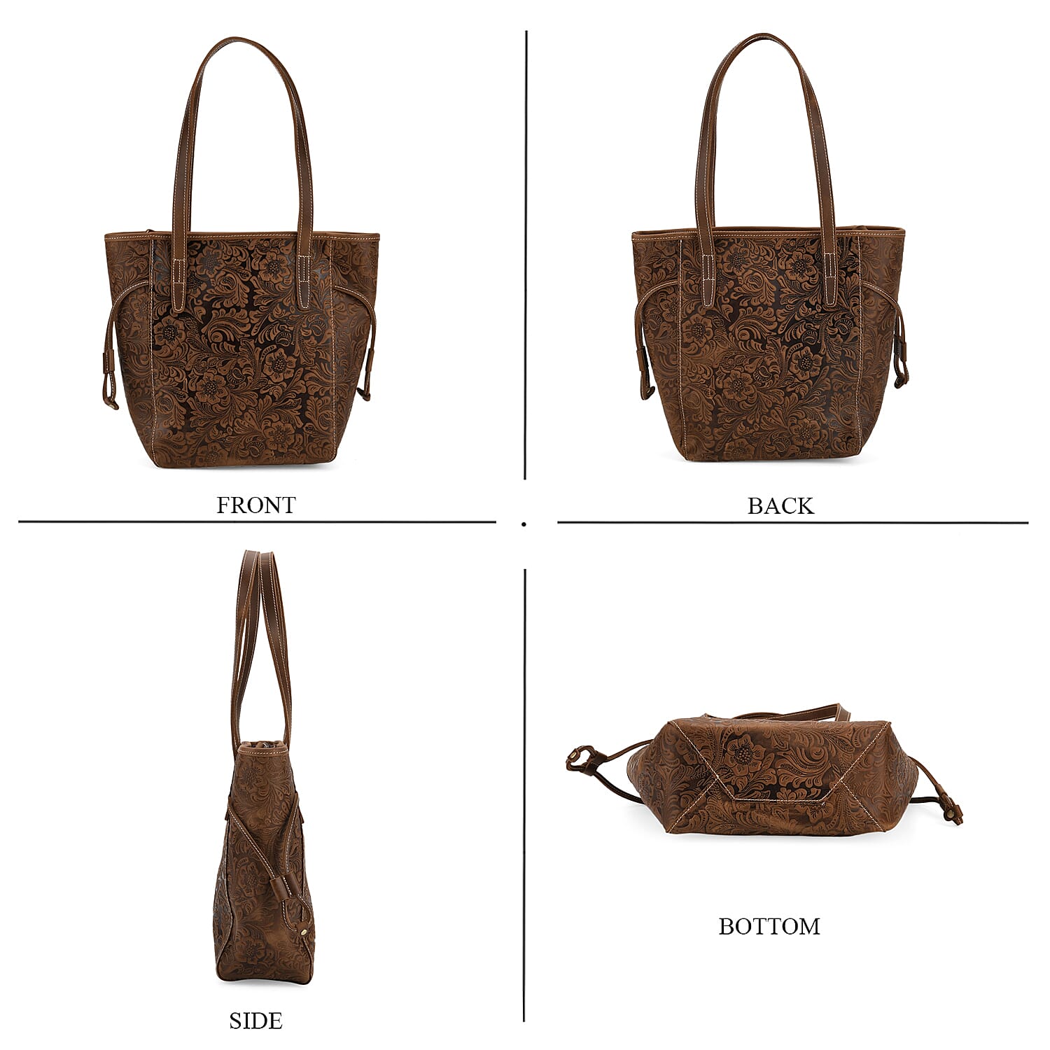 100% Genuine Leather Floral Embossed Tote Bag - Brown